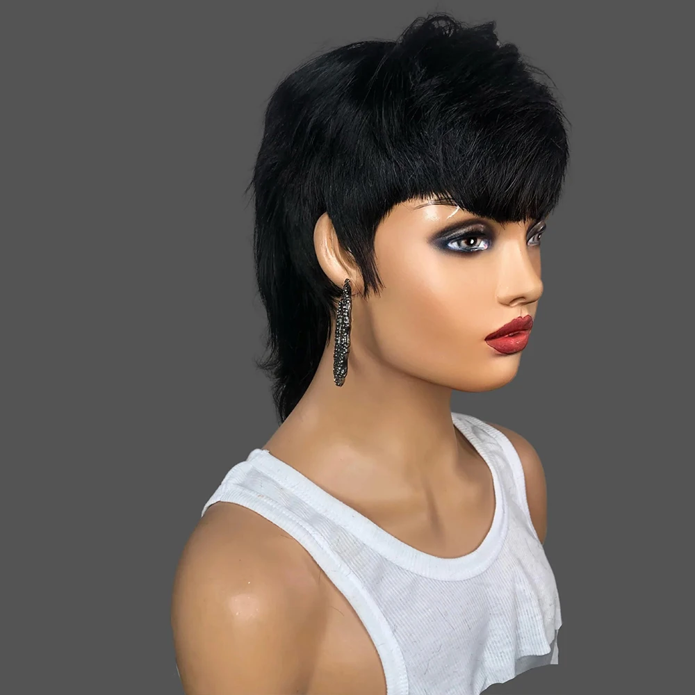 Mullet Wig Highlight Full Machine Made Wig With Bangs Glueless Brazilian Human Hair Wigs For Women 99j Short Pixie Cut Wigs