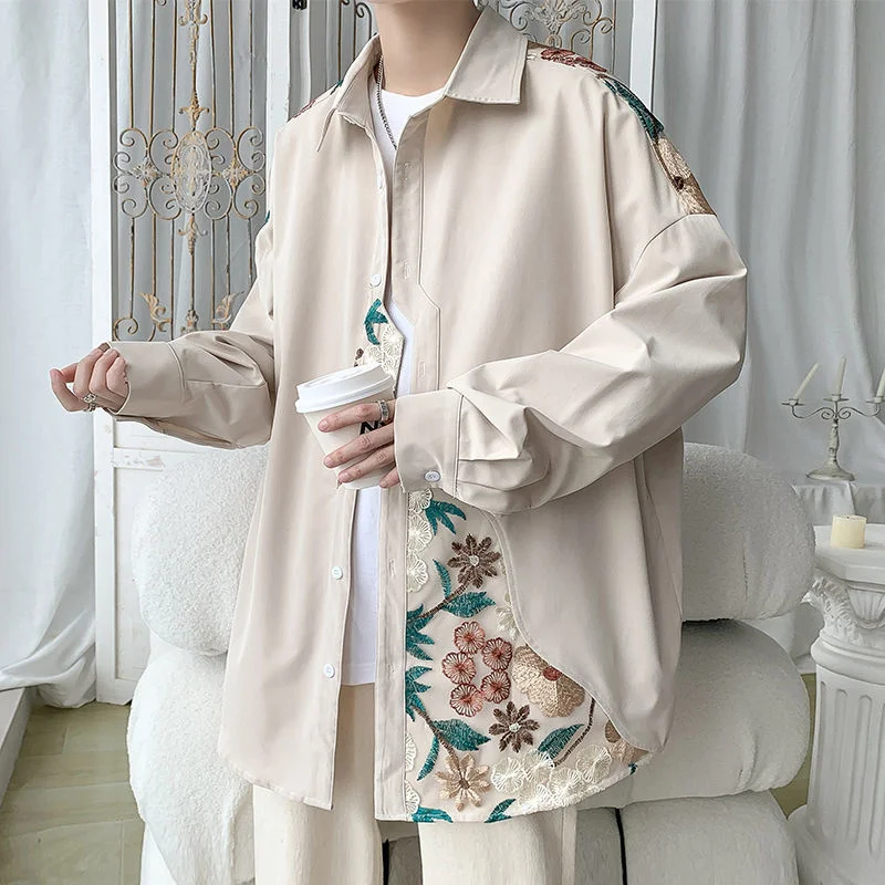 Autumn Embroidered Shirts Men Fashion Retro Flower Shirts Mens Japanese Streetwear Loose Long Sleeve Shirts Men Plus Size M-5XL
