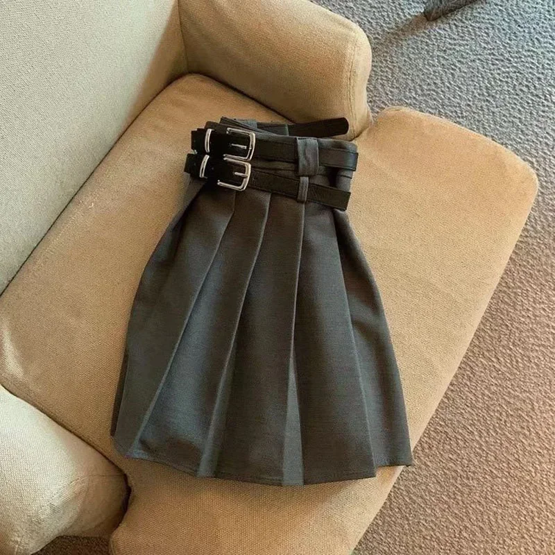Xpqbb 모든 경기 대학 스타일 Jk Pleated 스커트 여성 패션 더블 벨트 하이 웨이스트 스커트 여성 빈티지 브라운 미니 스커트