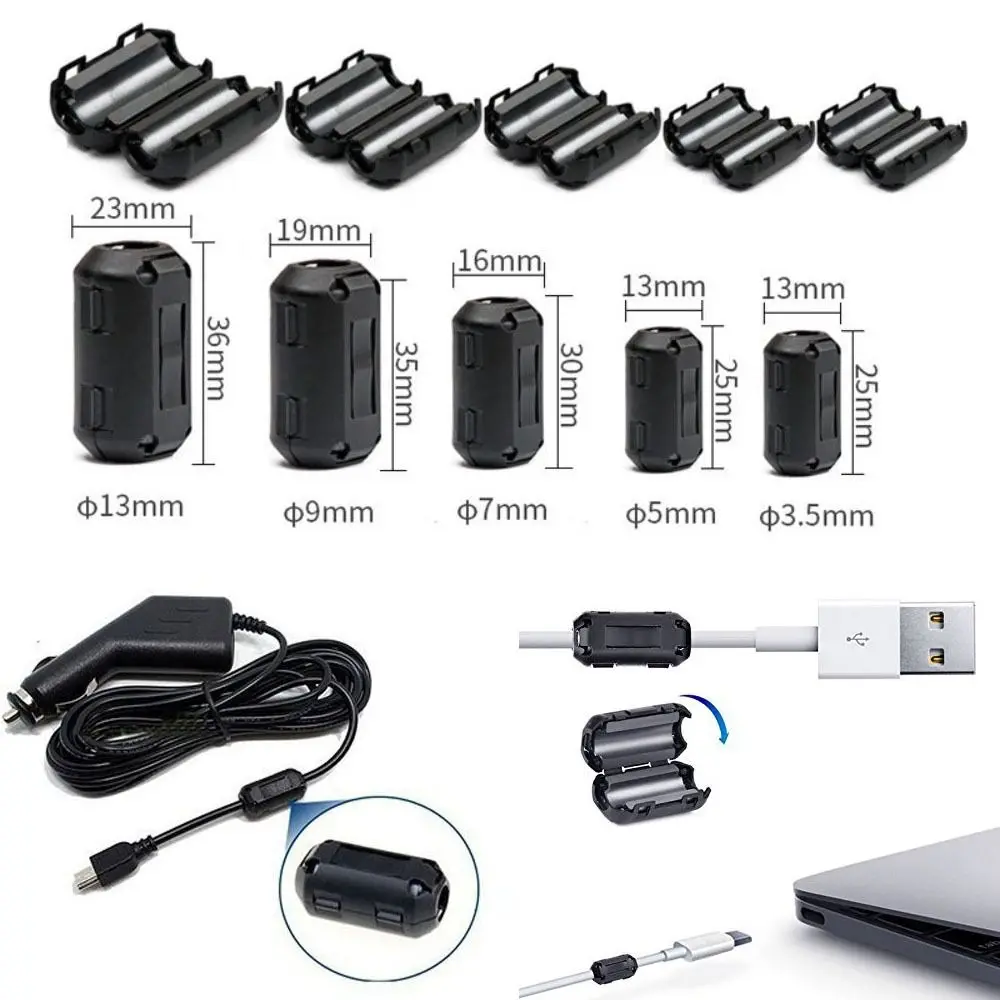 For 3.5/5/7/9/13mm Black Cable Connector Filters Holder Ring Core Ferrite Bead Clamp Choke Coil EMI RFI Noise Filter Clip Snap cable filter