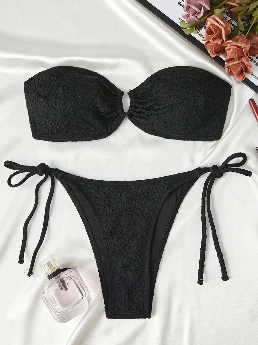 White Black Bandeau Bikini 2024 Women Sexy Thong Swimsuit Push Up Swimwear Female Bathing Suit Swimming Summer Beachwear Biquini