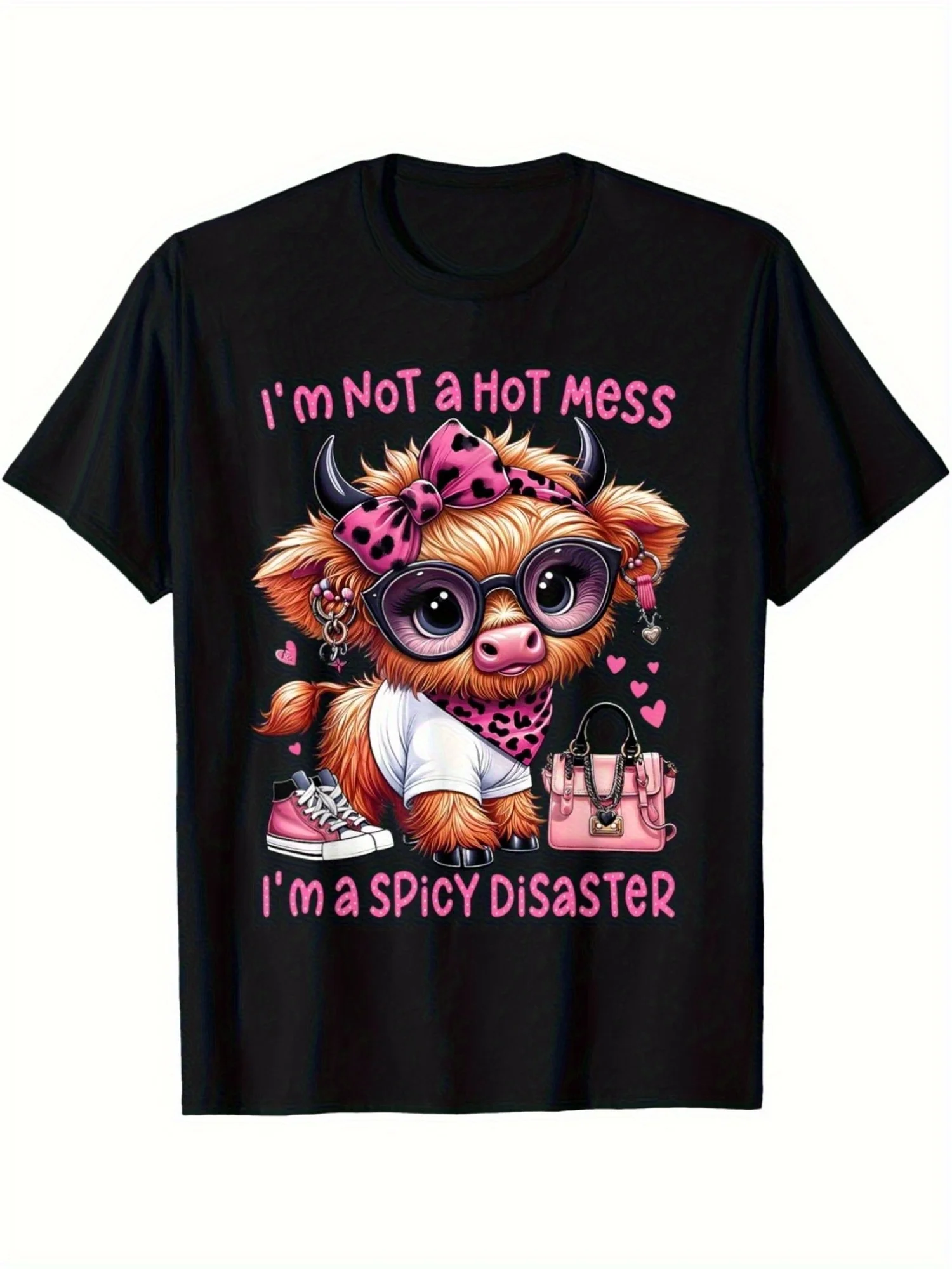 I'm Not a Hot Mess I'm a Spicy Disaster Highland Cow T-Shirt Pink Bow Sunglasses Graphic Tee Crew Neck Short Sleeve Casual Top for Women Teen Girls Summer Daily Wear