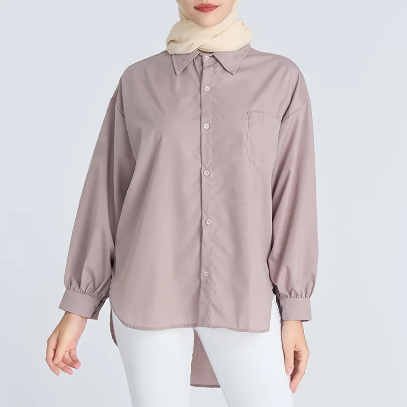 

Women's Long Sleeve Muslim Abayat Kaftan, Solid Top, Pocket Decoration, Women's Basic Shirt, Middle East, Muslim, Ramadan Party,