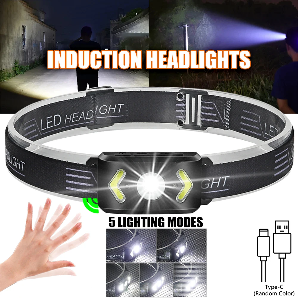 Mini Intelligent Induction LED Headlamp Built-in Battery Type-C Rechargeable Outdoor Waterproof Camping Fishing Headlight