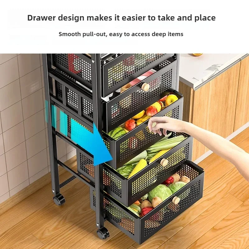 Floor-to-Ceiling Multi-Layer Kitchen Storage Rack Drawer-Type Fruit and Vegetable Basket Iron Trolley Home Storage