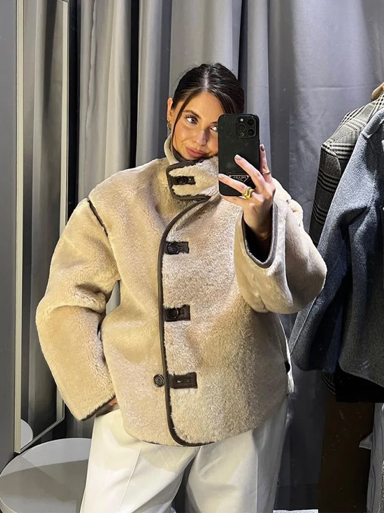 

Fashion Casual Thick Warm Faux Fur Jacket Women's Loose Stand Collar Long Sleeved Outwear 2023 Female Autumn/Winter Street Wear