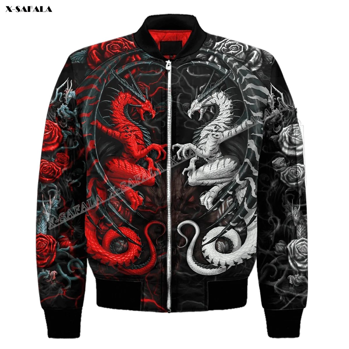 

Red White China Dragon 3D Printed Bomber Thick Jacket Adult Men Flight Pilot Zipper Coat Cotton Warm Winter