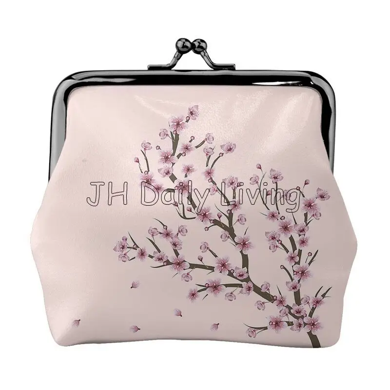 Japanese Sakura Cherry Blossoms Mini Leather Coin Purse Small Kiss-Lock Change Pouch Clasp Closure Buckle Wallet for Women Girls