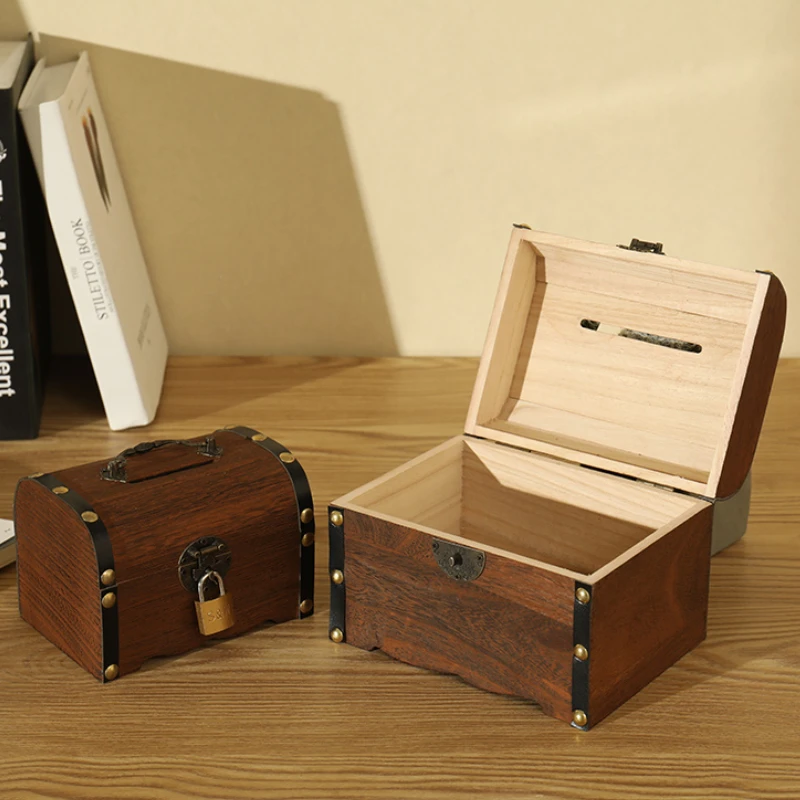 

Coin Money Boxes with Lock Adult Kids Gift Hidden Storage Vintage Solid Wood Secret Piggy Bank Toy for Papper Money Counter Home