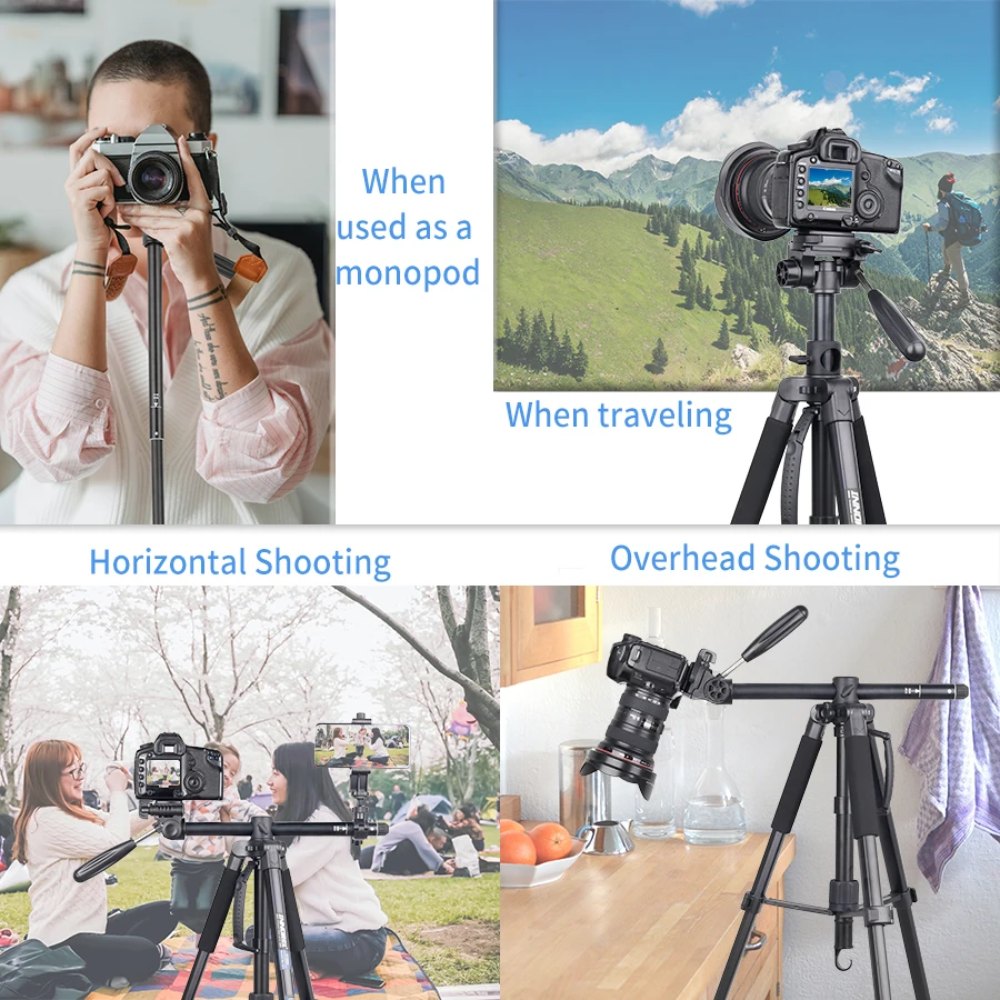 RT20H Professional Lightweight Travel Aluminum Tripod with Adjustable Head Horiz