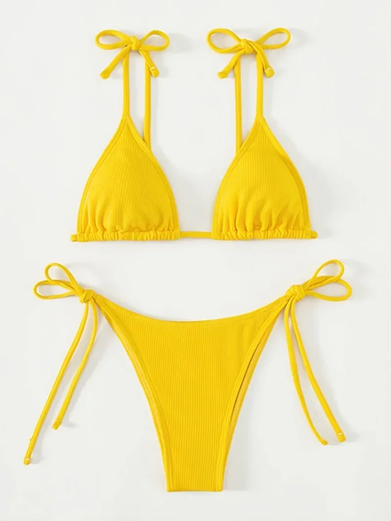 Sexy Yellow Solid Micro Bikinis Sets Triangle Cup Thong Swimsuit Women Bikinis Swimsuits Beachwear Bathing Suits Swimwear Bakini 2