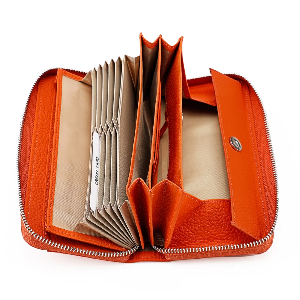 Anti Theft Brush Genuine Leather Ladies Long Purse Card Bag RFID Hand Bag Zipper Wallet