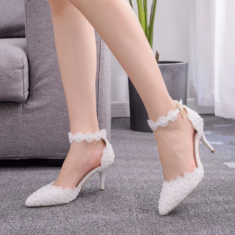 Sf6c91dcb1a754e9780f80e6a20faf500E Elegant Pointy Lace Rhinestone Bridal High Heel Sandals for Women