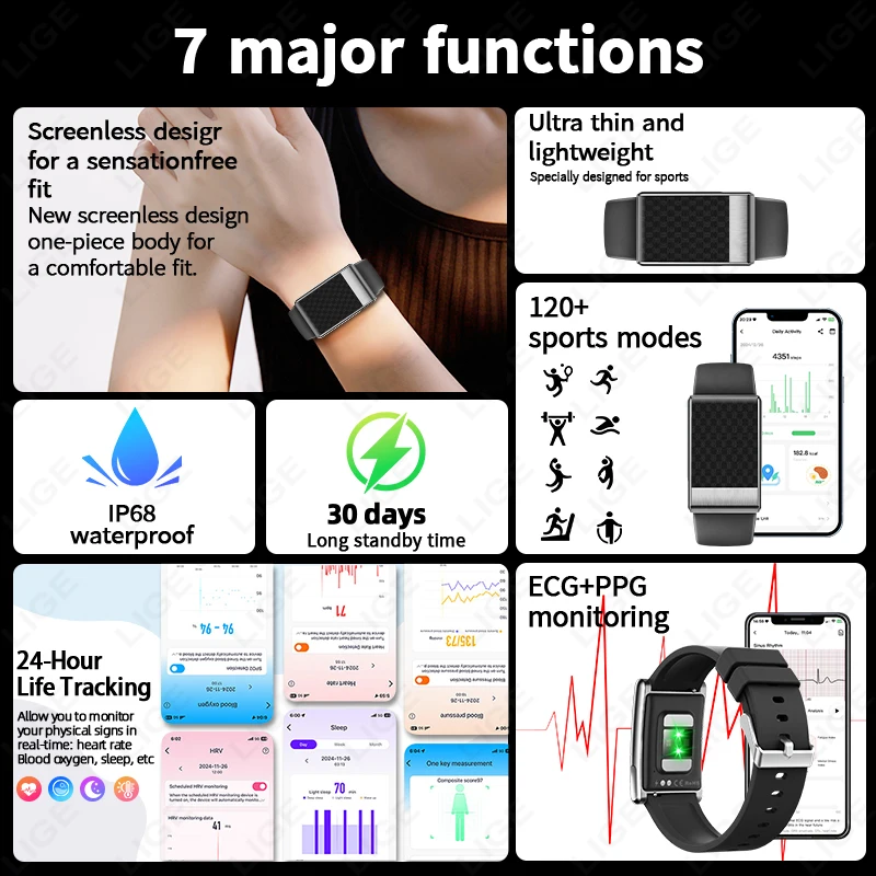 LIGE ECG 건강 스마트 팔찌 무화면 스마트 손목밴드 방수 심박수 스마트밴드 피트니스 트래커 팔찌 스마트워치