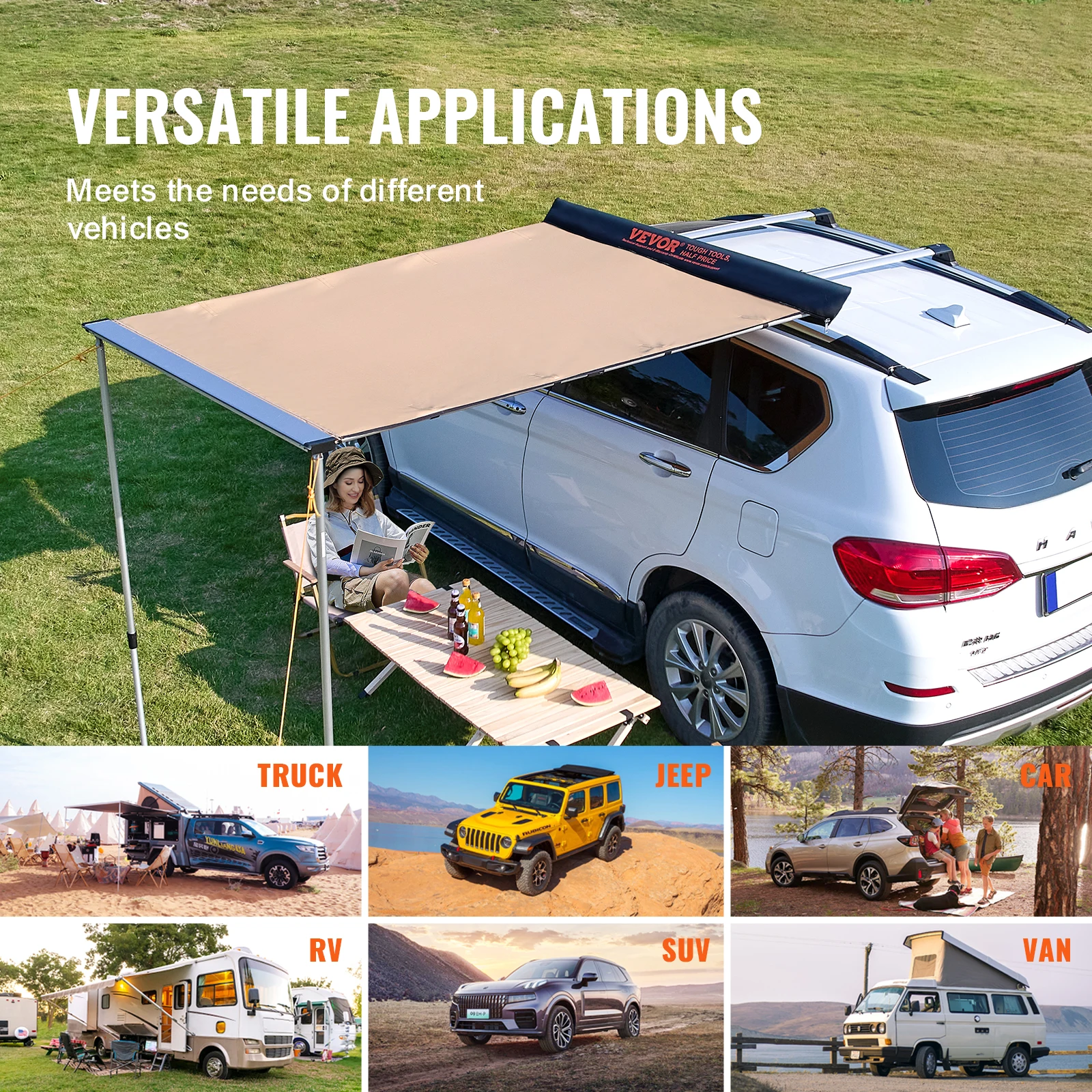 Sunshade Window Awning VEVOR Car Side Awning 4.6"x6.6" Shade Coverage PU3000mm UV50+ Retractable for Truck/SUV/Van/Campers