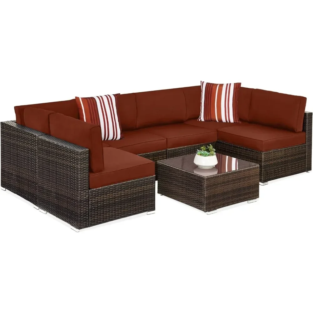 7-piece modular outdoor sectional wicker patio conversation set w/ 2 pillows, coffee table, cover included - brown/dark rust 7-piece modular outdoor sectional wicker patio conversation set w/ 2 pillows, coffee table, cover included - brown/dark rust