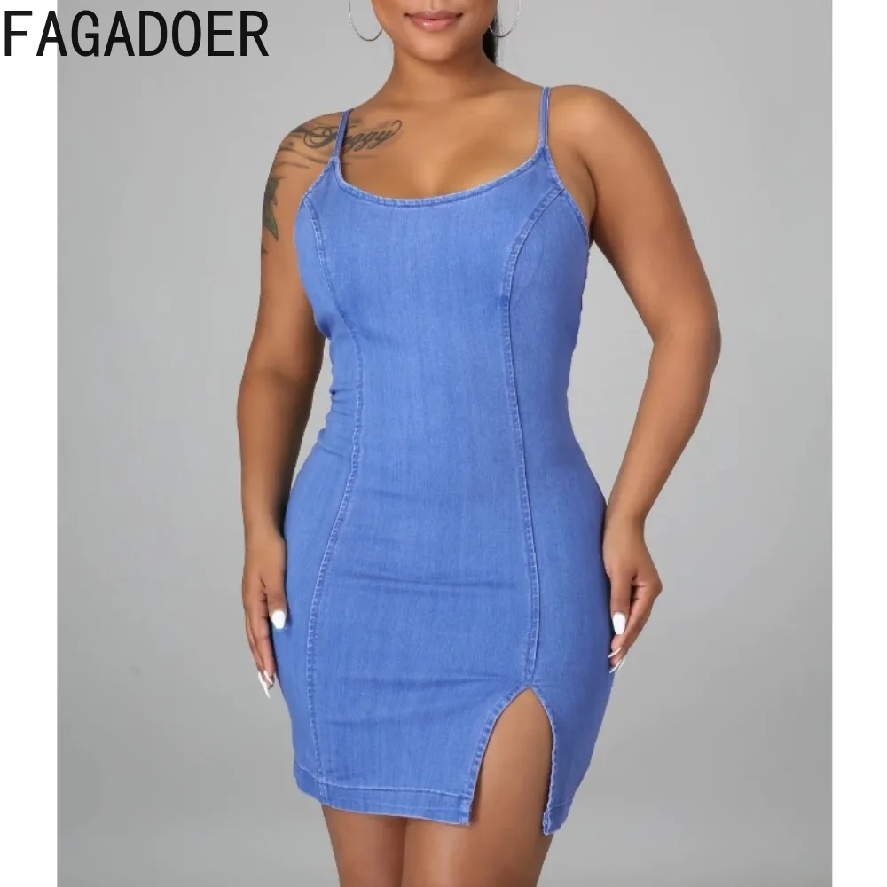 

FAGADOER Summer New Solid Color Bodycon Denim Dresses Women Round Neck Sleeveless Slim Vestidos Fashion Cowboy Streetwear Dress