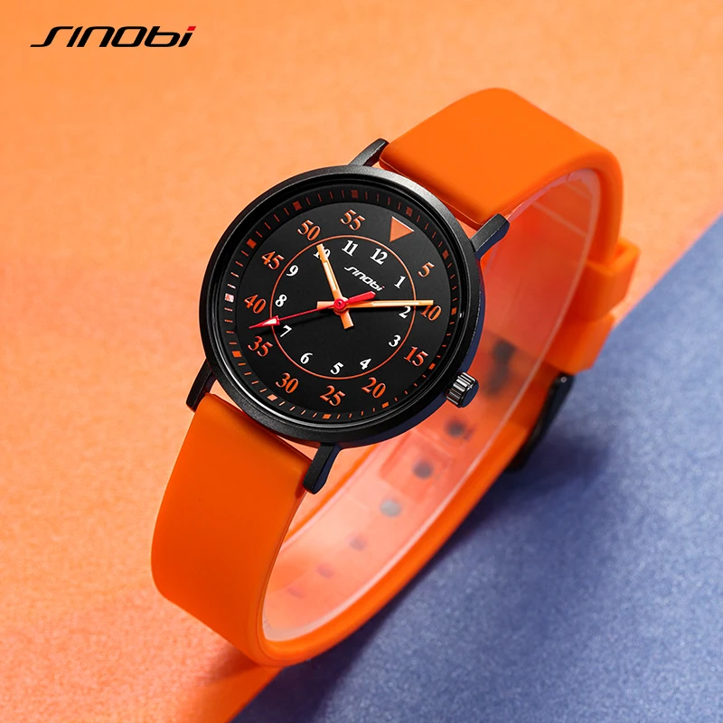 SINOBI New Design Women's Watches Fashion Sports Womans Quartz Wristwatches Orange Rubber Strap Ladies Clock Relogio Feminino