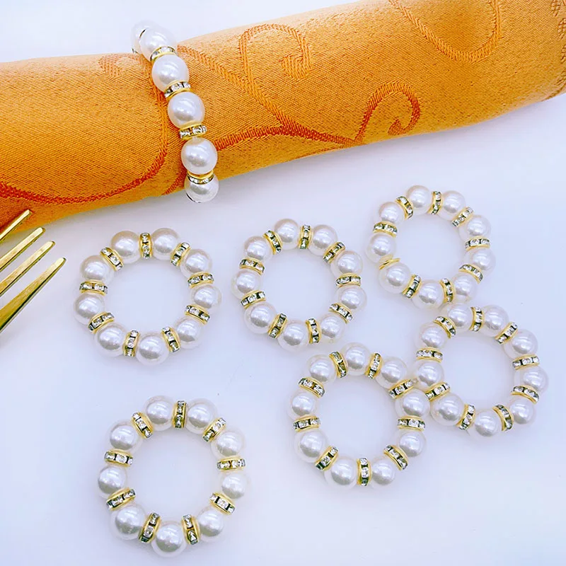 Napkin Ring 10Pcs Golden Napkin Rings Elegant Pearl Elastic Serviette Holder Wedding Party Banquet Adornment