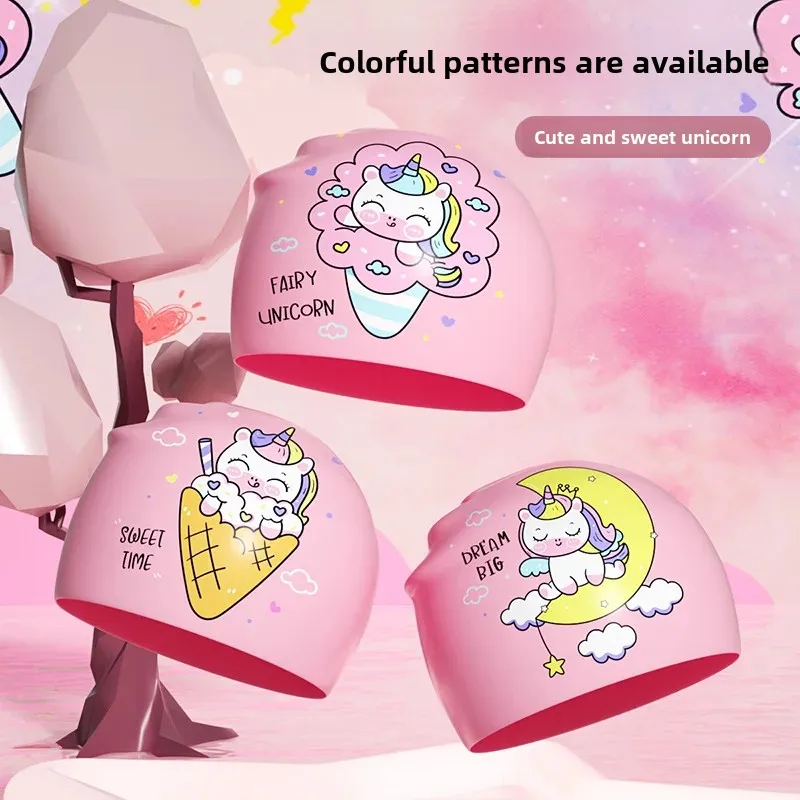 Waterproof Silicone Swimming Cap Cute Cartoon Unicorn Design Comfortable No Headache For Children Women's And Baby Students
