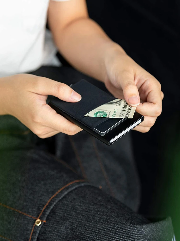 Card Holder with Money Pocket Pop Up Wallet RFID Blocking Slim Metal Bank Card Case Holds 5 Cards