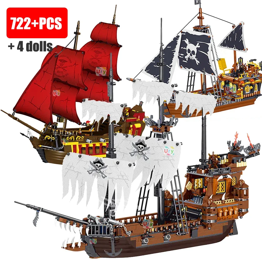 Pirates Ship Adventure Ideas Retro Red Black Boat Island Storm Vessel Flagship Movie Building Blocks Model Toy For Kid Xmas Gift