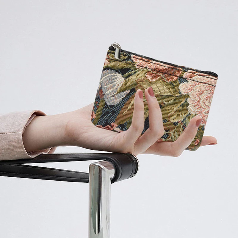 SAJA Small Key Wallet Coin Purse Mini Women's Wallet Peony Floral Flower Vintage Tapestry Bag Pouch Credit Card For Girl Ladies