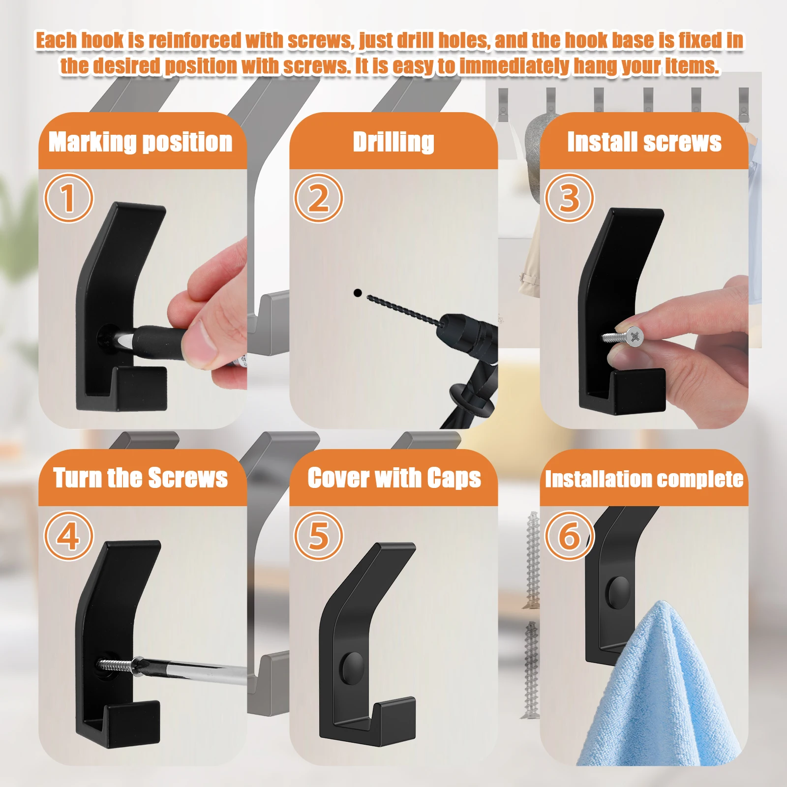 Heavy Duty Hook 22lbs Load Capacity Space Aluminum Towel Hook Clothes Coat For Bathroom Kitchen Bedroom 6PCS stainless steel hook,adhesive hooks,wall clothes hook,kitchen hook,towel hook,suction cup hooks,wall hanger