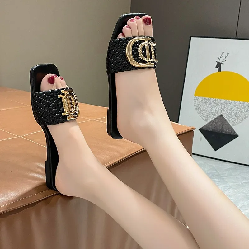 Sandalias planas de diseño de tejido de decoración de lujo para mujer, zapatos de punta abierta para vacaciones,  slippers 4