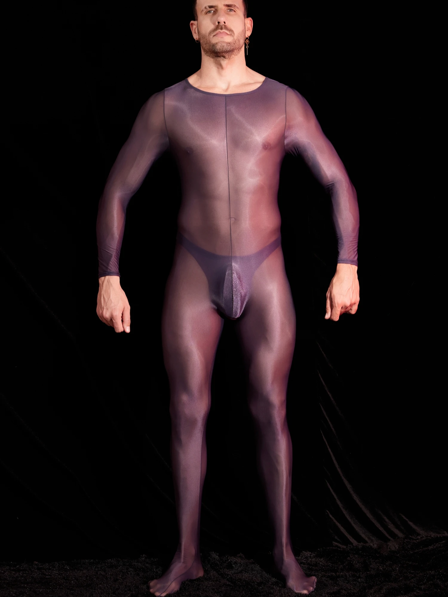 New Jumpsuit for Men Sheer Shiny Glossy Thin Full Bodystocking Silky High-end Elasticity Fabric Open Crotch Style Male Pajamas