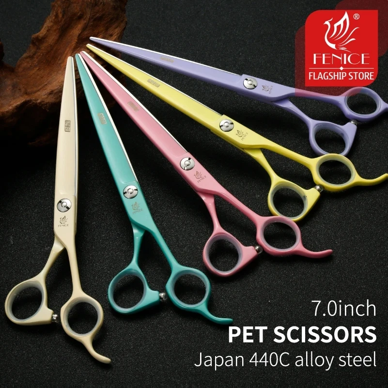 Fenice Professional 6.5/7 Inch JP440C Macaron Colorful Straight Cutting Curved Thinning Chunker 4 pcs Set Pet Grooming Scissors dog grooming scissors kit