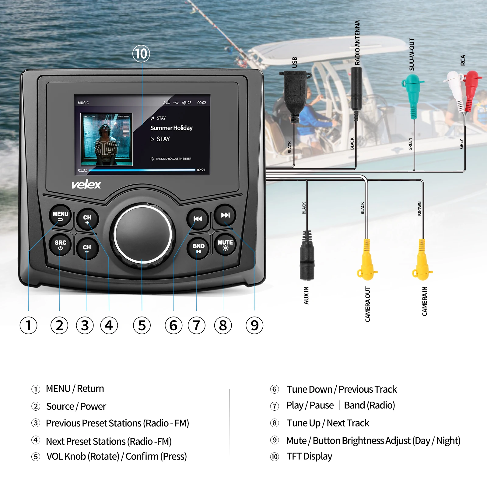Waterproof Bluetooth Marine Digital Media Stereo Receiver with Audio/Video player AM FM Radio Streaming Music Boat UTV ATV Spa