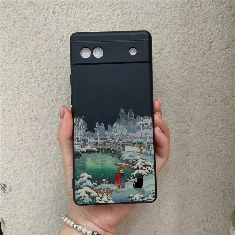 Japanese Aesthetic Black Cat Landscape Soft Silicone Phone Case