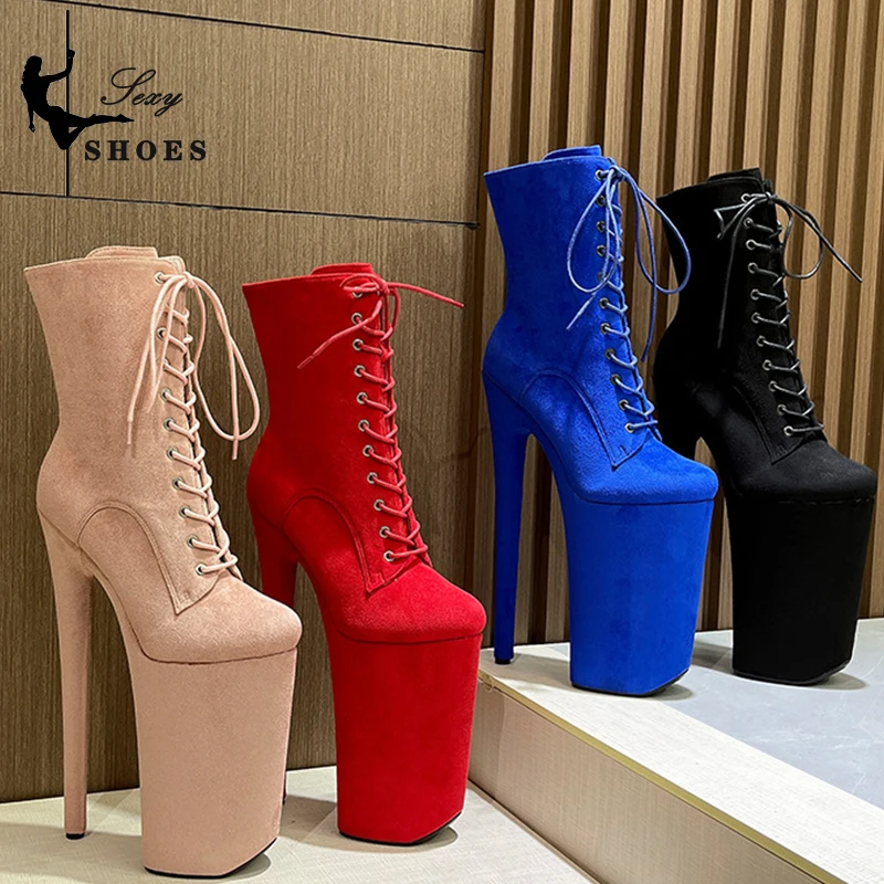 Strip Ankle Boots Autumn and Winter Big Size Red Fashion 26CM Super High Heels Sexy Flannelette Nightclub Pole Dance Boots Women