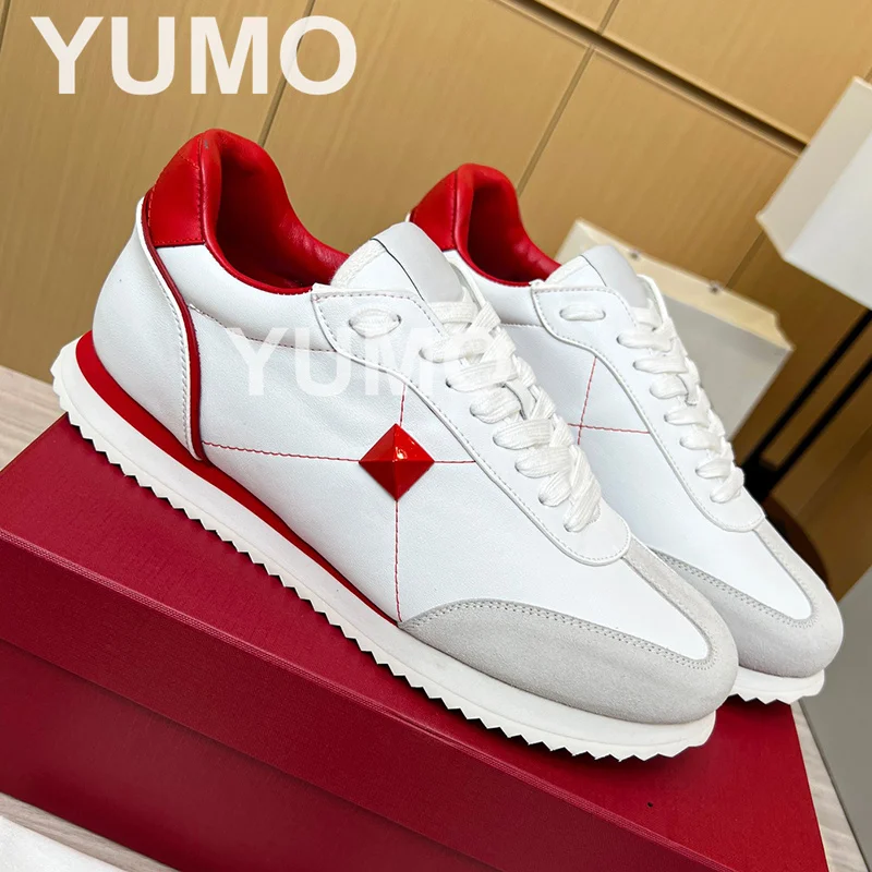 

Newest Design Mens Sneakers Fashion Round Toe Genuine Leather Mixed Color Rivets Decor Fashion Outdoor Running Shoes Size 45