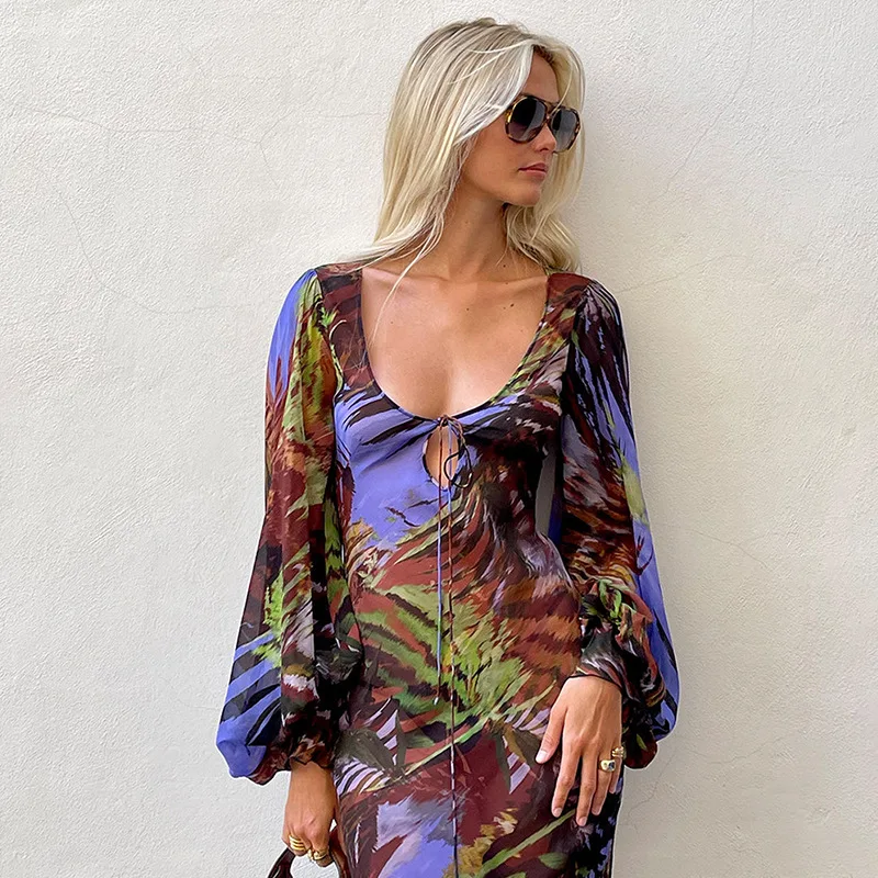 

Bohemian Dress Women Floral O-Neck Sundress Ruffle Long Sleeve Maxi Party Dress Vestido Elegant Casual Beach Robe Maxi Dress