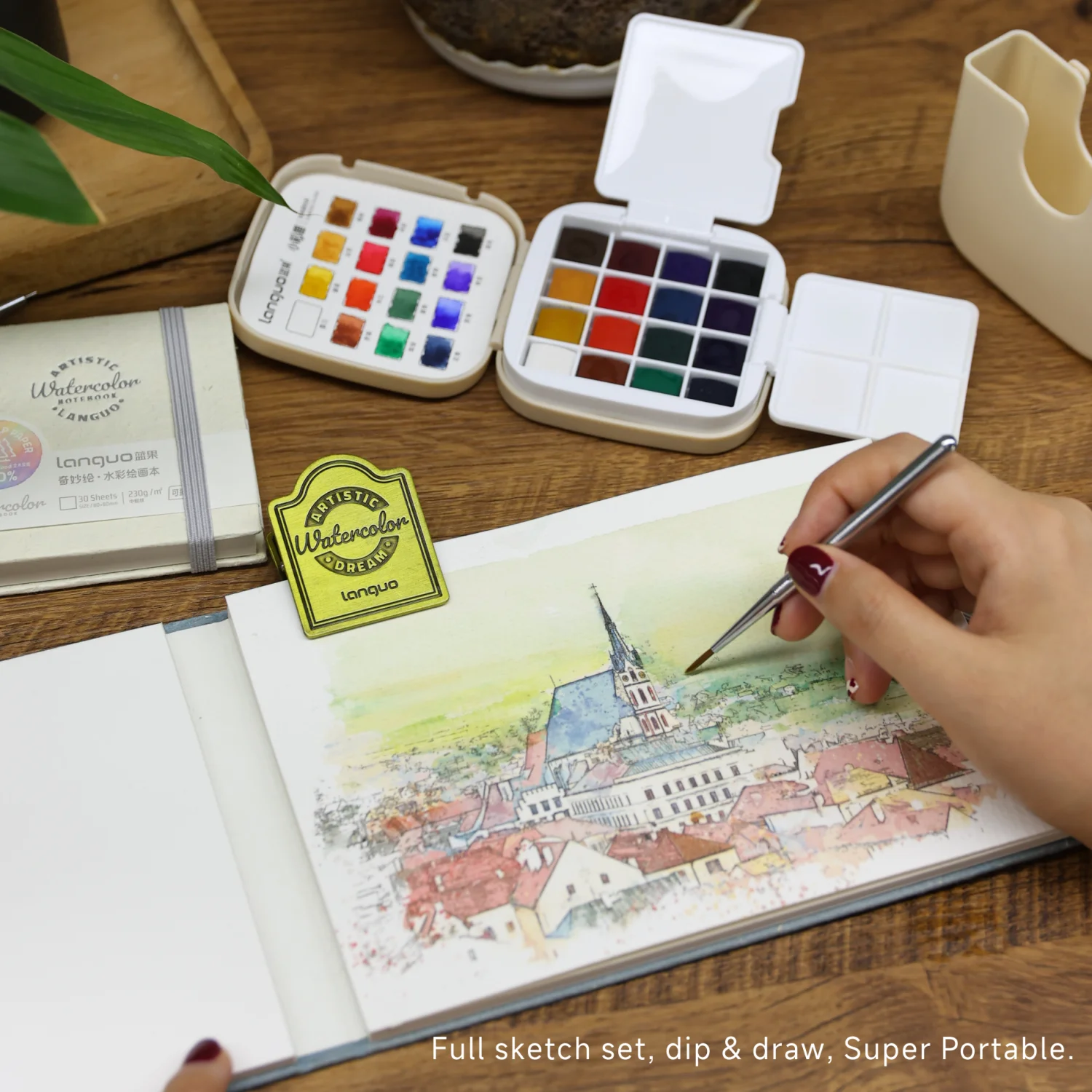 Reise-Aquarellfarben-Set mit Geschenkbox - 16 Farben mit Palette, Tragbares Aquarell-Reiseset mit Pinsel, Malkarte – Detail 6