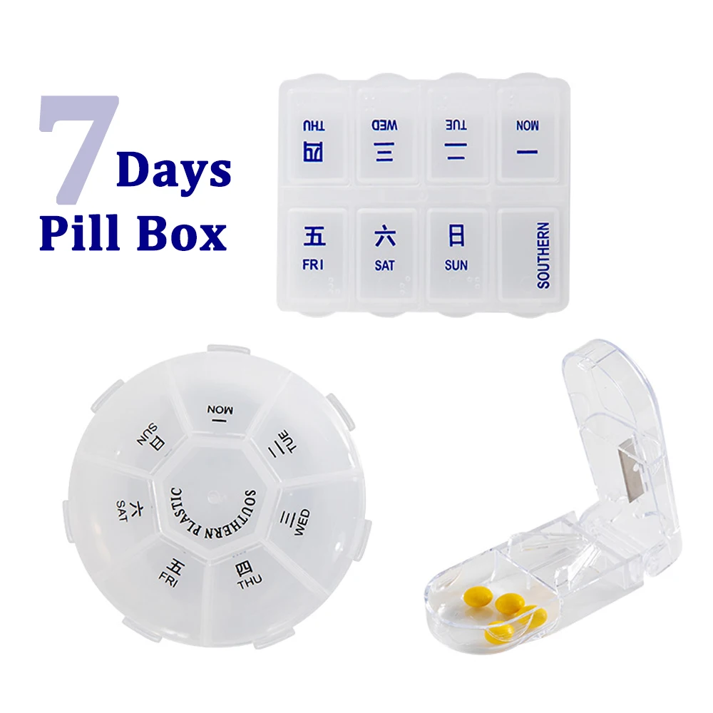 7 Days Pill Box Pills Cutter Splitters Weekly Tablet Holder Organizer