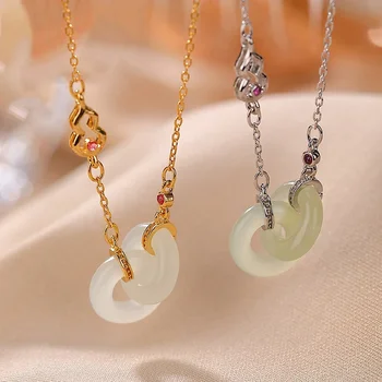 Classic new natural Hetian jade gourd double round pendant necklaces exquisite silver design luxury palace style jewelry