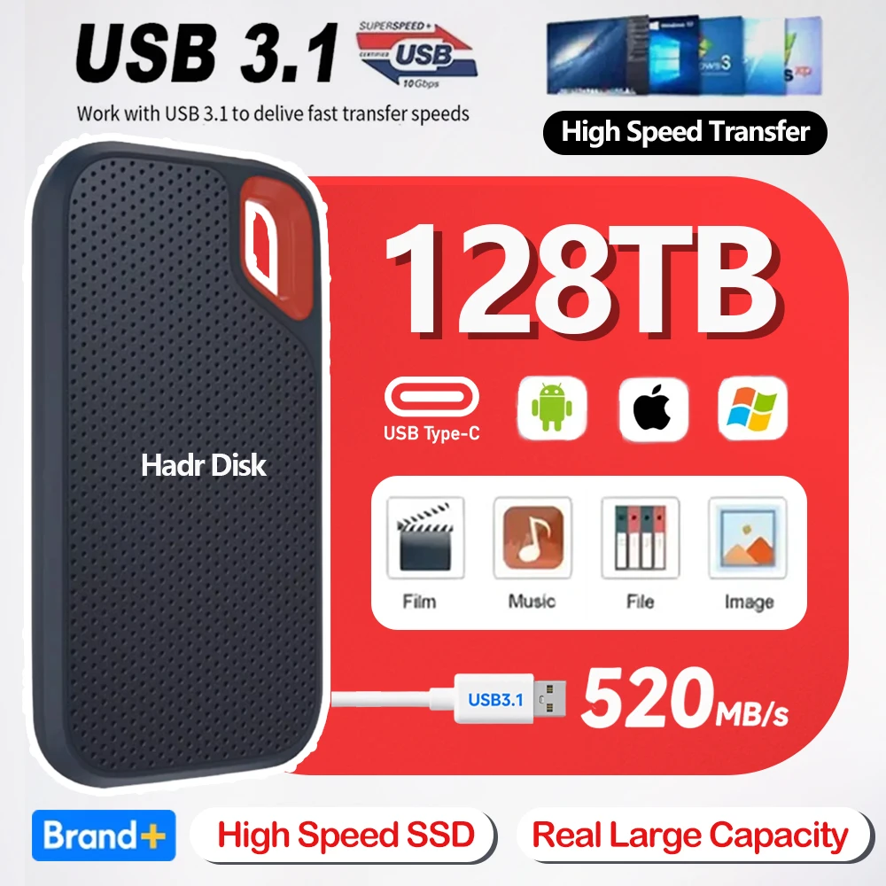 ฮาร์ดไดรฟ์แบบพกพาแท้ 1TB ฮาร์ดไดรฟ์ภายนอก 4TB SSD 128TB ฮาร์ดดิสก์ความเร็วสูง USB3.2 โซลิดสเตทไดรฟ์สำหรับแล็ปท็อป/แมค/พีซี 1