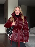 Elegant Women's Shiny Thicken Cotton Coats Hooded Detachable Zippers Lace Up Lady Coat 2025 Winter Chic Female Streetwear 5