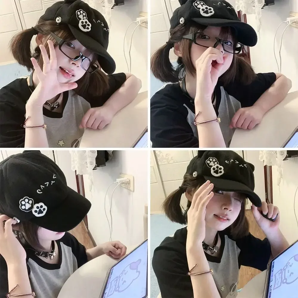 Y2K Kawaii Beret Caps for Women Girls - Cute Lolita JK Newsboy Cat Ear Hats with 2 Paw Badges Summer Casual