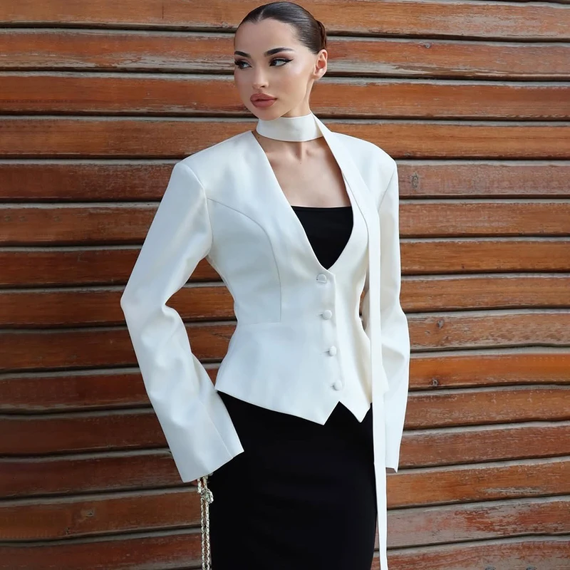 Ticketsx V Neck Scarf Blazer Jacket Women' Elegant Cinched Waist Single...