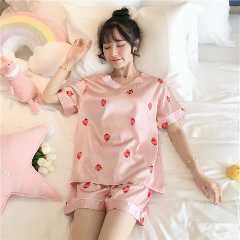 Women's Pajamas Sets Satin Silk Pyjama Heart Print Summer Pijama Mujer Pjs Sleepwear Short Sleeve Shorts 2 Piece Casual Homewear