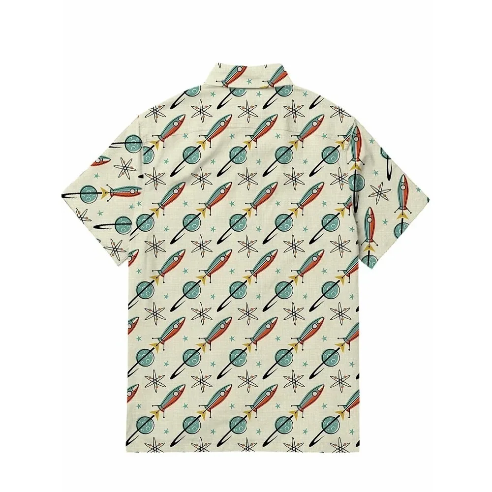 1950s Aomic Rocket Cotton Shirt Punk Men's Hawaiian Shirt Summer Short Sleeve Button Down Casual Tropical Pocket Tops