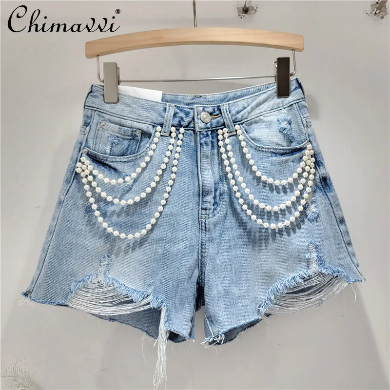 

Heavy Beaded Chain Decoration Raw Hem Wide Legs Jeans Women's Summer New Korean Style Fashion High Waist Slim Jeans Denim Pants