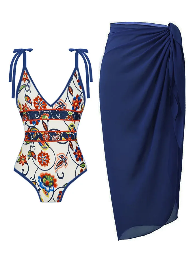

Vintage Print 2023 New Swimwear Summer Female Fashion Adjustable Shoulder Straps One Piece Swimsuit And Cover Up Beach Wear