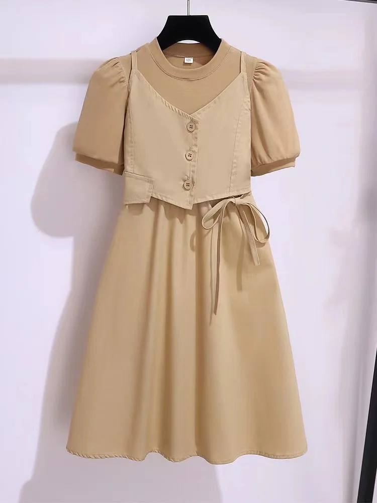 

Wm51305 summer apricot sleeveless fashion casual dress printed princess dress children's suspender dress