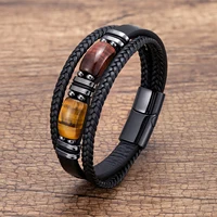 New Natural Tiger Eye Stone Men's Wristband Bracelet Hand-woven Multi-Layer Braided Leather Bangles Stainless Steel Jewelry 1