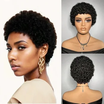 Peluca pixie corta afro rizada de cabello humano brasileño 1
